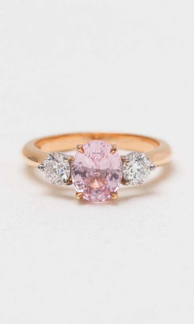 Hogans Family Jewellers 18K RWG Oval Padparadscha Sapphire & Diamond Trilogy Ring