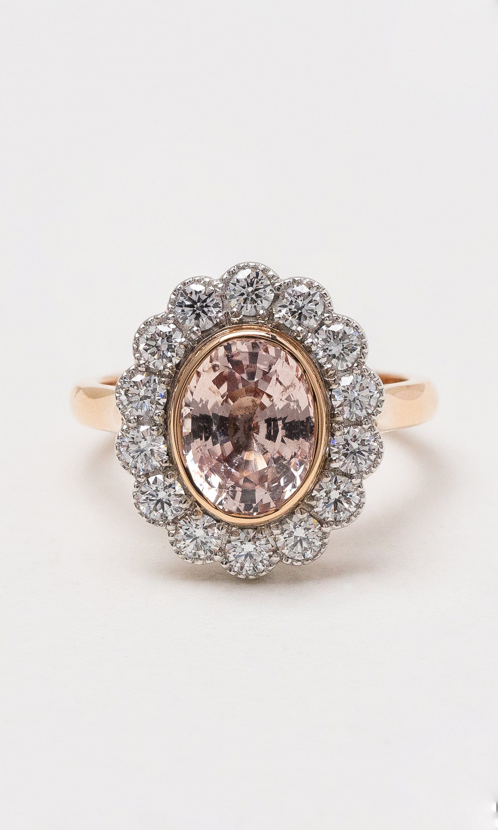 Hogans Family Jewellers 18K RWG Oval Peach Sapphire Cluster Ring