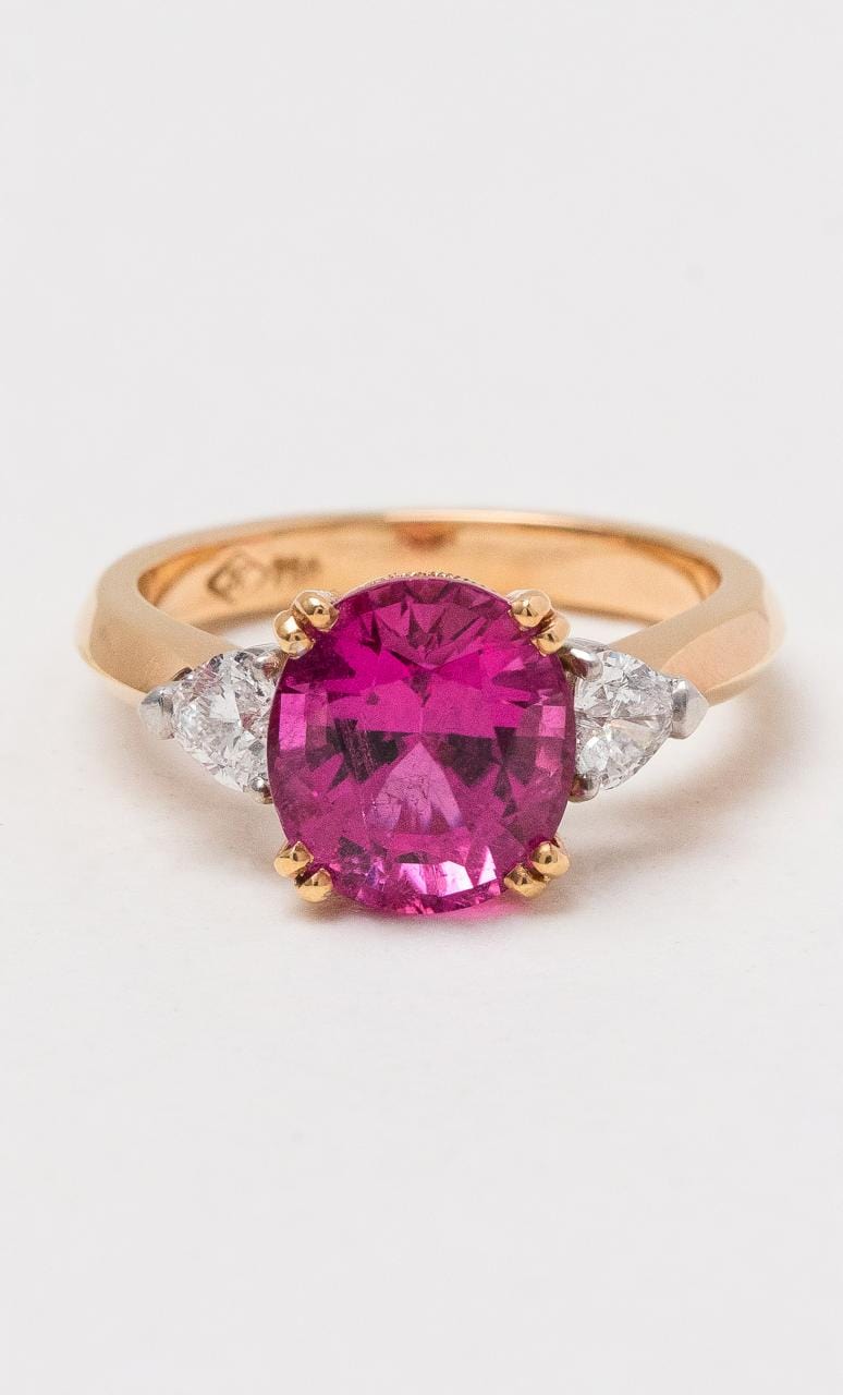 Hogans Family Jewellers 18K RWG Oval Rubellite & Diamond Trilogy Dress Ring