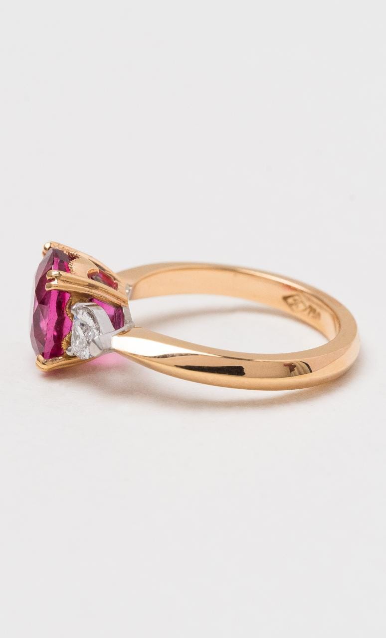 Hogans Family Jewellers 18K RWG Oval Rubellite & Diamond Trilogy Dress Ring