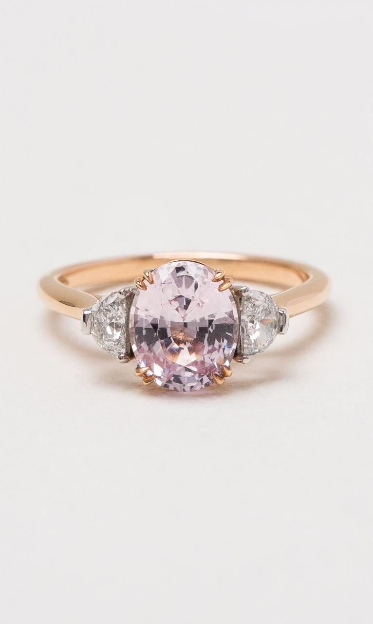 Hogans Family Jewellers 18K RWG Padparadscha Sapphire & Diamond Trilogy Ring
