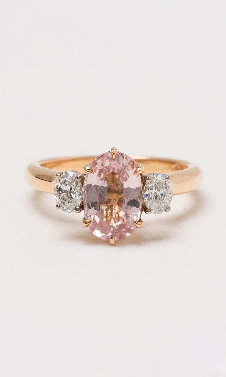 Hogans Family Jewellers 18K RWG Peach Sapphire & Diamond Trilogy Ring