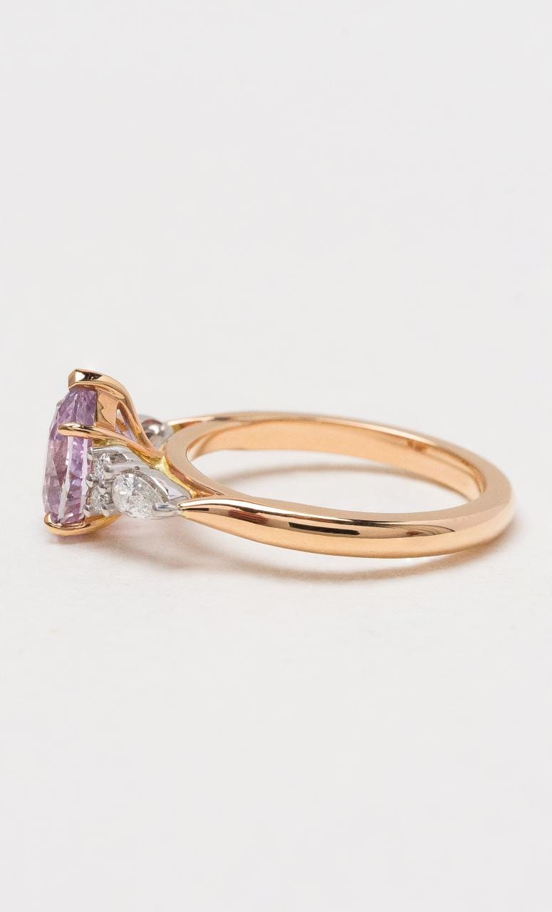 Hogans Family Jewellers 18K RWG Pear Padparadscha Sapphire Trilogy Ring