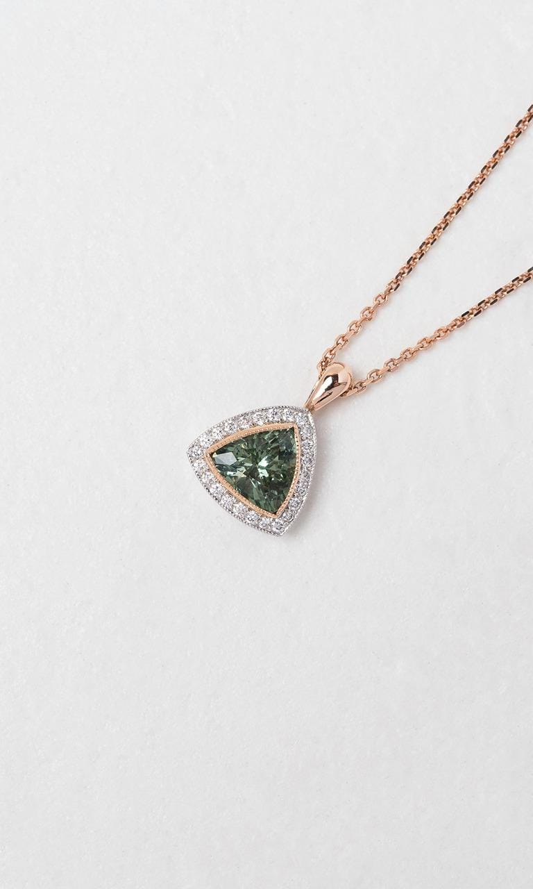 Hogans Family Jewellers 18K RWG Trilliant Cut Green Tourmaline Halo Pendant