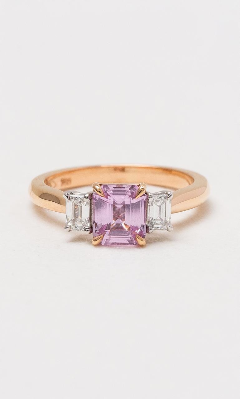 Hogans Family Jewellers 18K RWG Trilogy Pink Sapphire & Diamond Ring