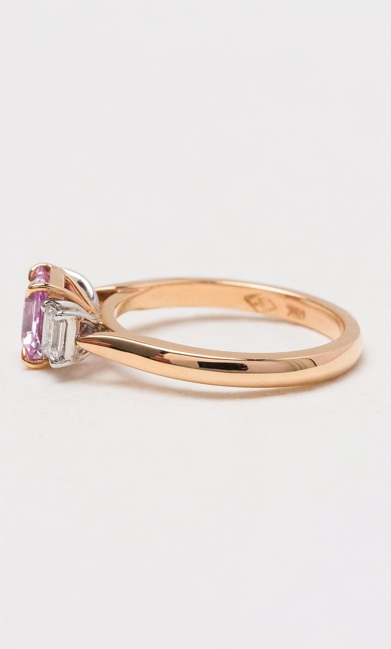 Hogans Family Jewellers 18K RWG Trilogy Pink Sapphire & Diamond Ring