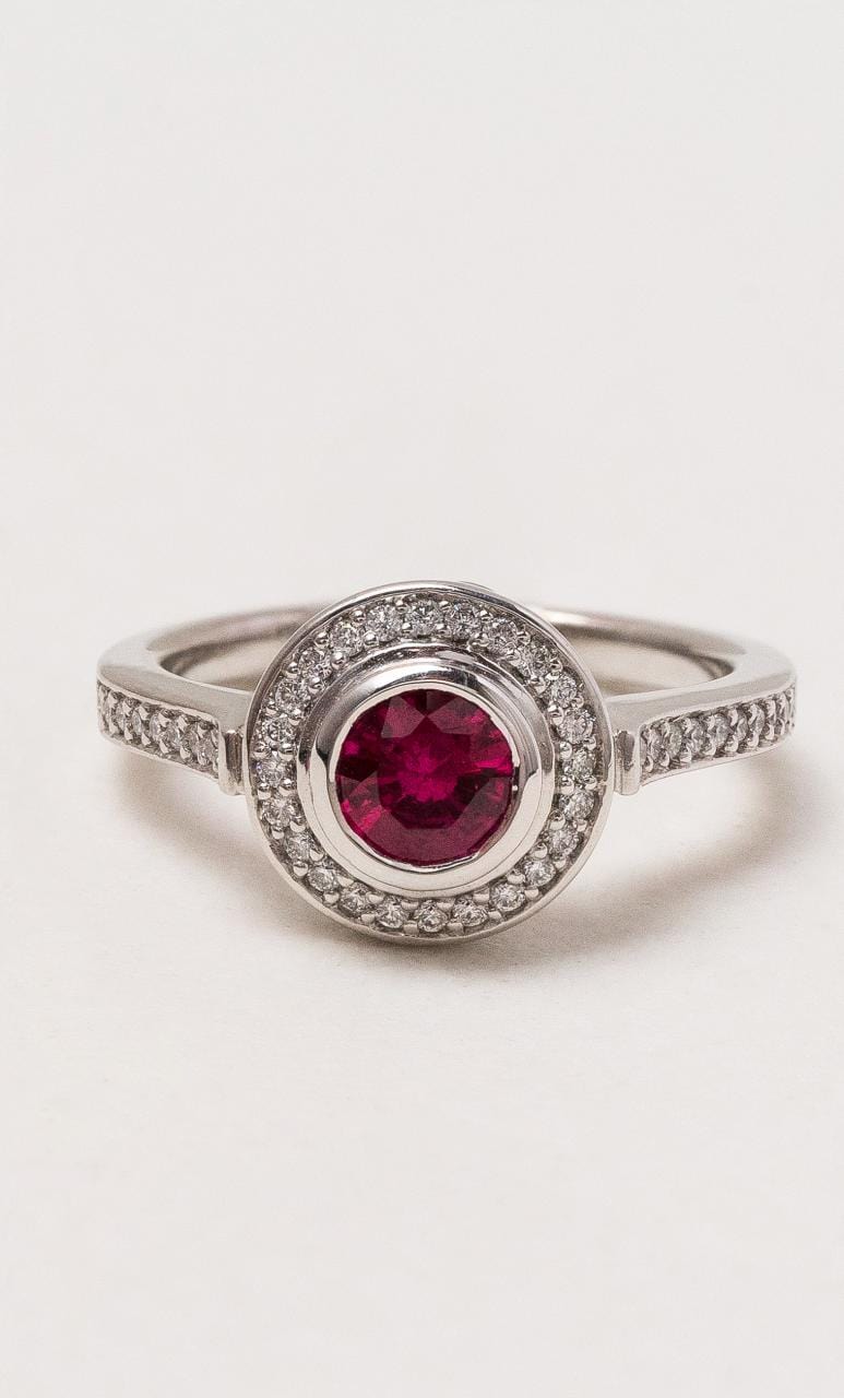 Hogans Family Jewellers 18K WG Burmese Ruby Halo Ring