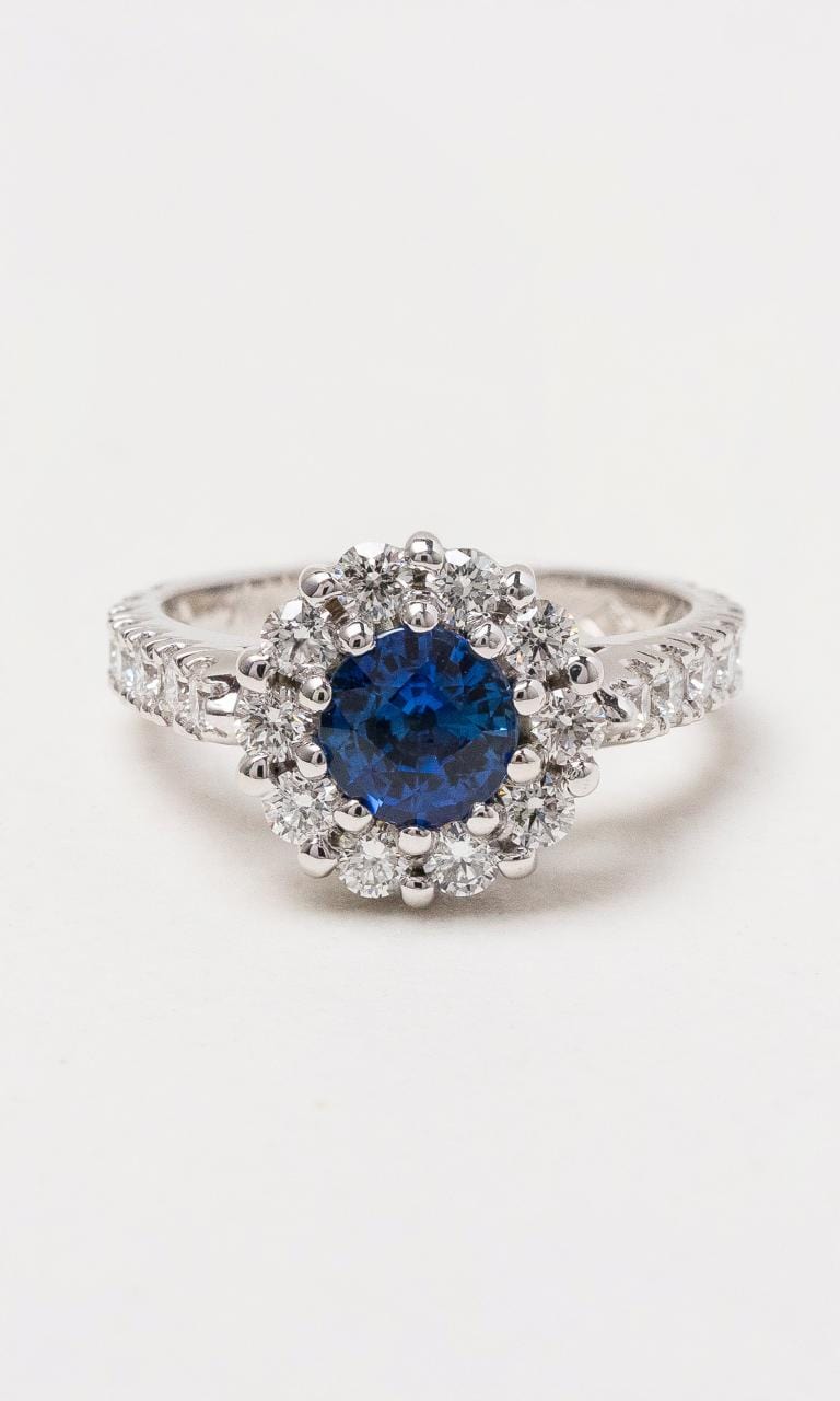 Hogans Family Jewellers 18K WG Ceylon Sapphire Halo Style Ring
