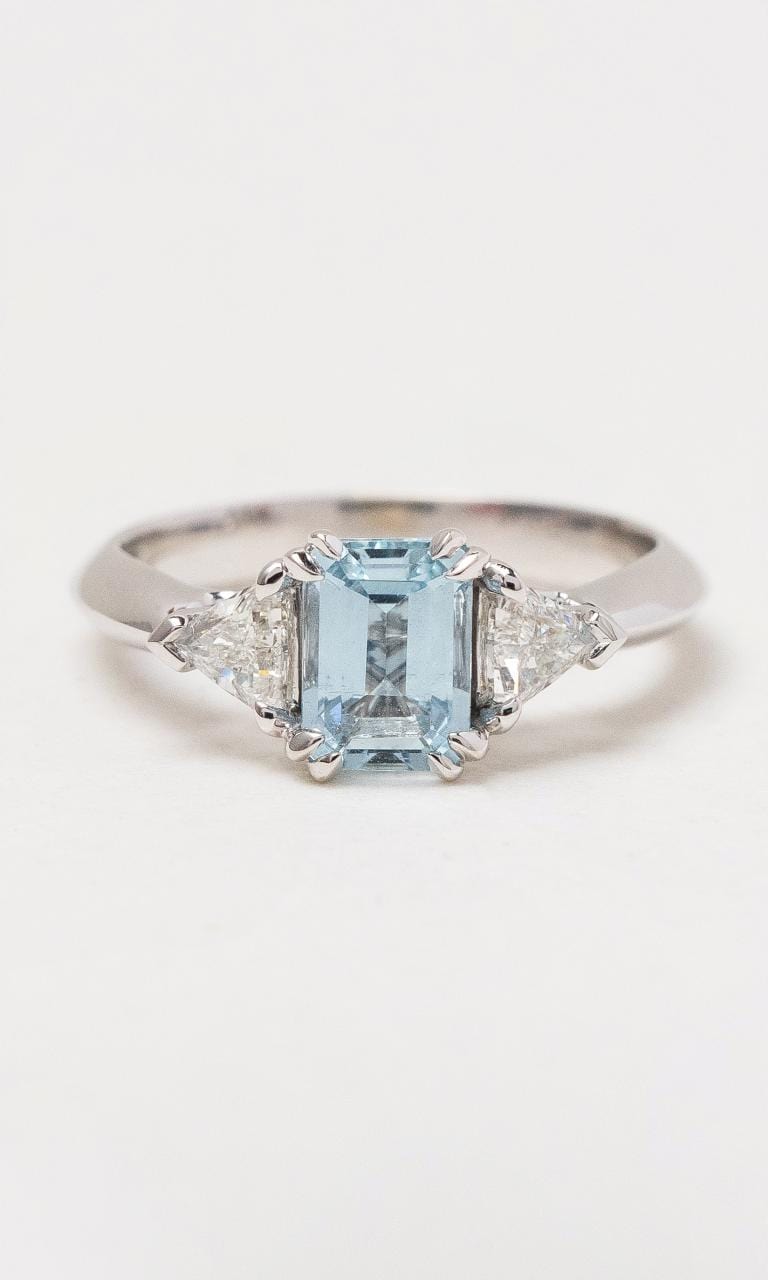 Hogans Family Jewellers 18K WG Emerald Cut Aquamarine Trilogy Ring
