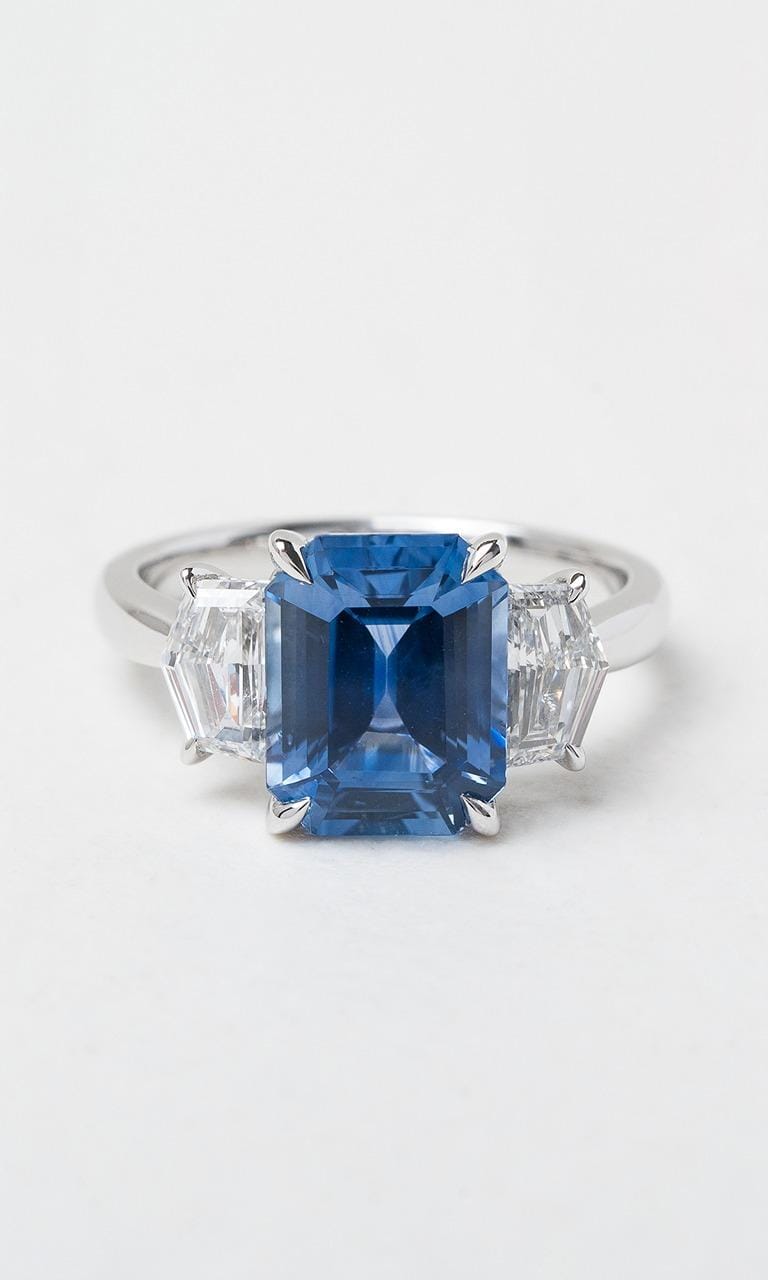 Hogans Family Jewellers 18K WG Emerald Cut Sapphire Trilogy Ring