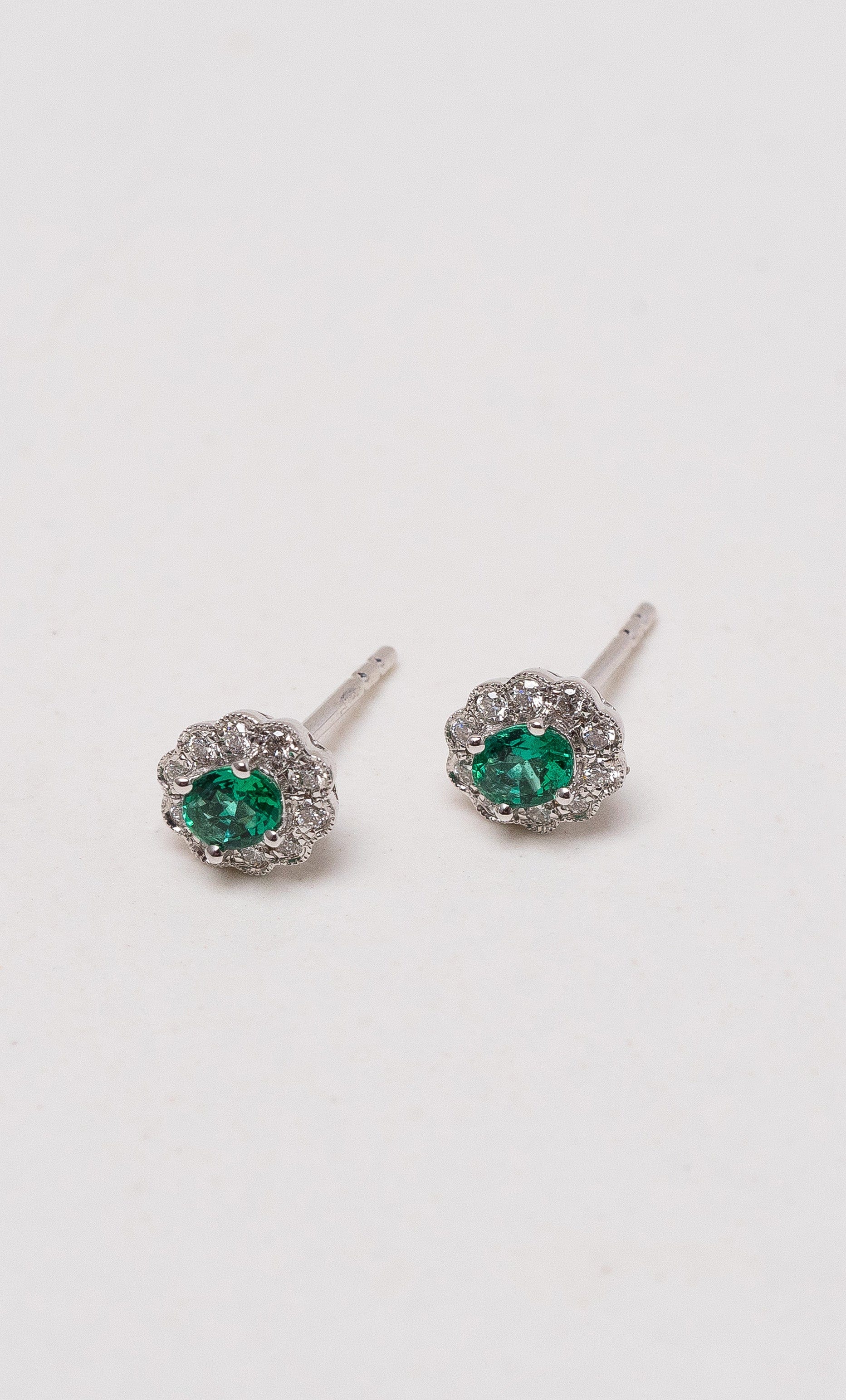 Hogans Family Jewellers 18K WG Emerald & Diamond Cluster Stud Earrings