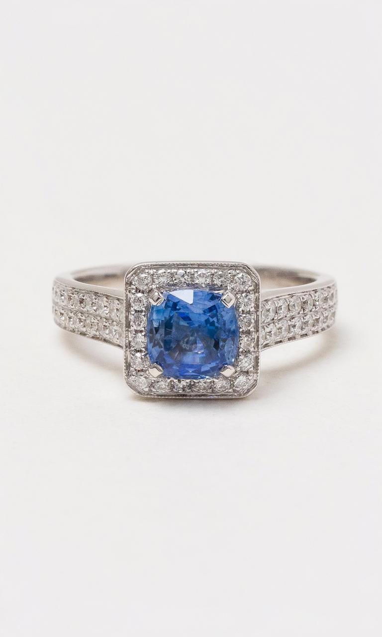 Hogans Family Jewellers 18K WG Halo Style Cushion Ceylon Sapphire Ring