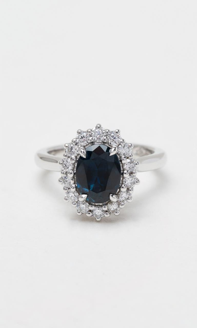 Hogans Family Jewellers 18K WG Oval Cut Australian Sapphire Halo Ring