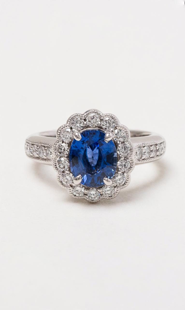 Hogans Family Jewellers 18K WG Oval Cut Ceylon Sapphire Halo Style Ring
