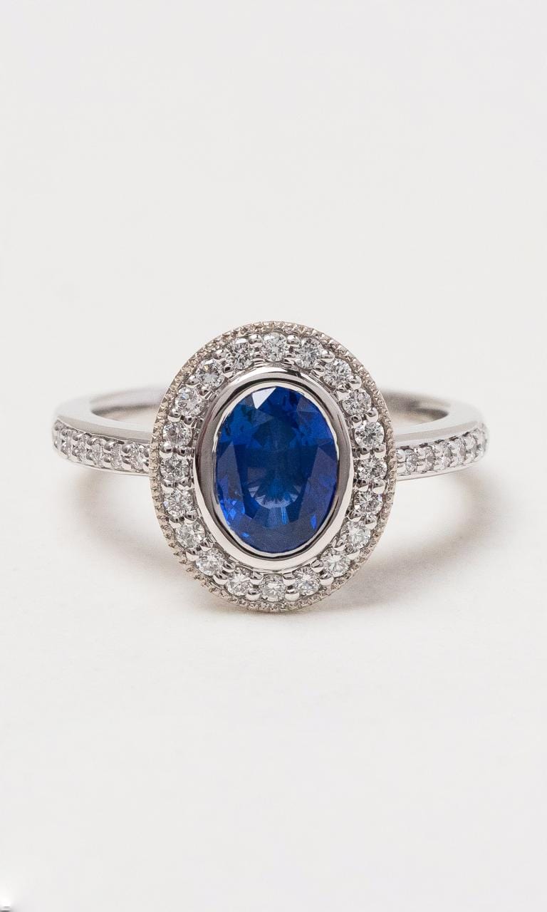 Hogans Family Jewellers 18K WG Oval Cut Ceylon Sapphire Halo Style Ring