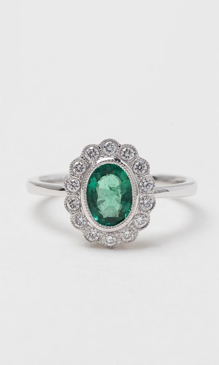 Hogans Family Jewellers 18K WG Oval Cut Emerald Halo Dress Ring