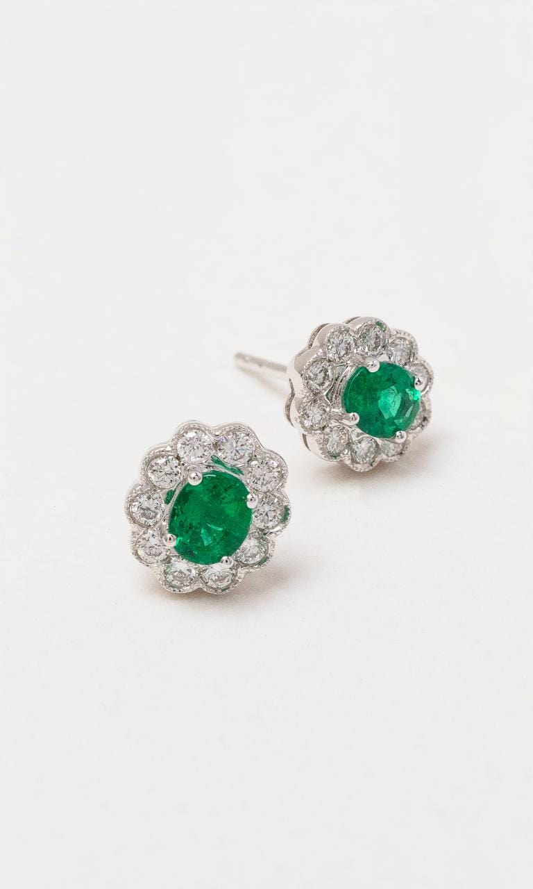 Hogans Family Jewellers 18K WG Oval Cut Emerald Halo Style Earrings