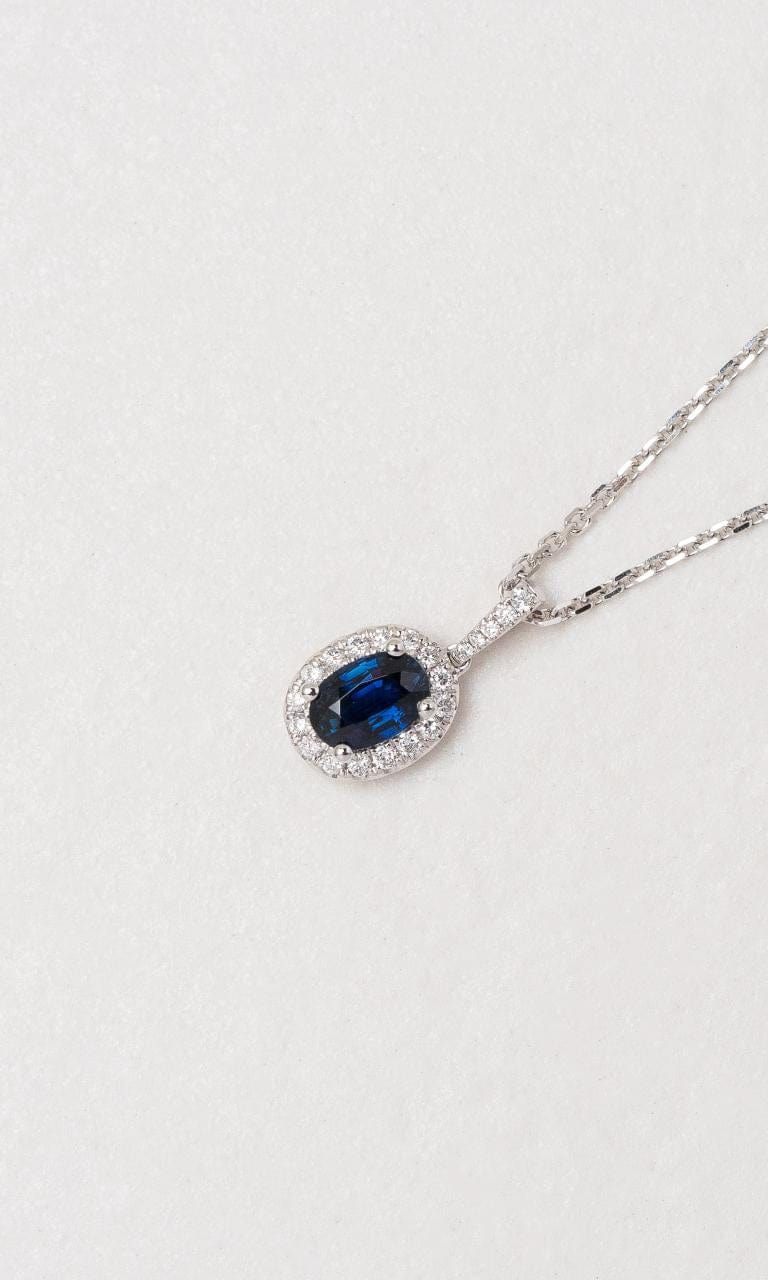 Hogans Family Jewellers 18K WG Oval Cut Sapphire Halo Style Pendant