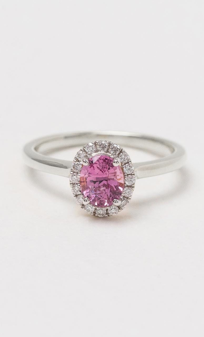 Hogans Family Jewellers 18K WG Padparadscha Sapphire & Diamond Halo Ring