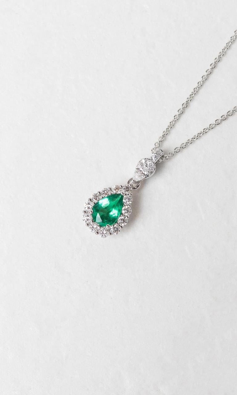 Hogans Family Jewellers 18K WG Pear Cut Emerald Halo Pendant