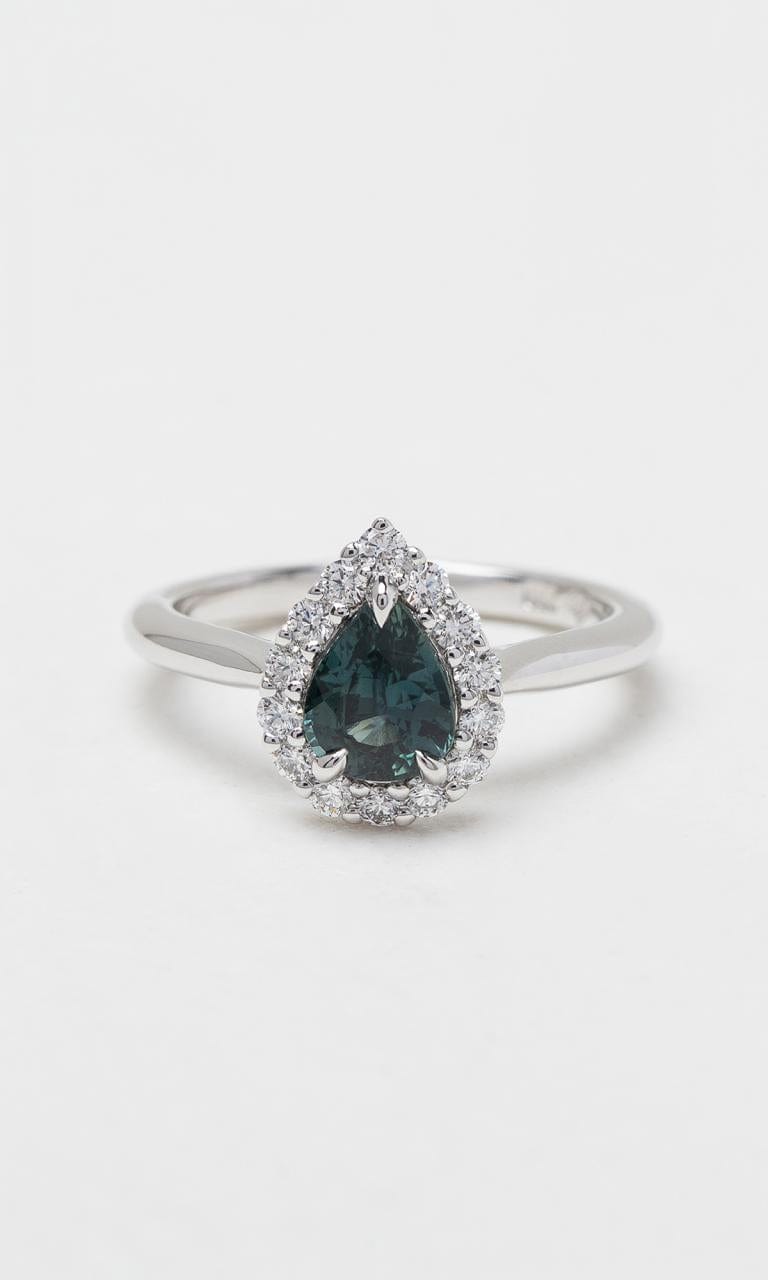 Hogans Family Jewellers 18K WG Pear Cut Madagascan Sapphire Halo Ring
