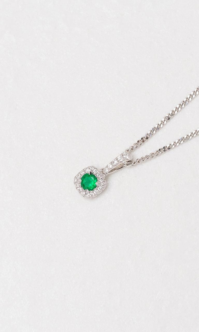 Hogans Family Jewellers 18K WG Petite Emerald and Diamond Halo Style Pendant