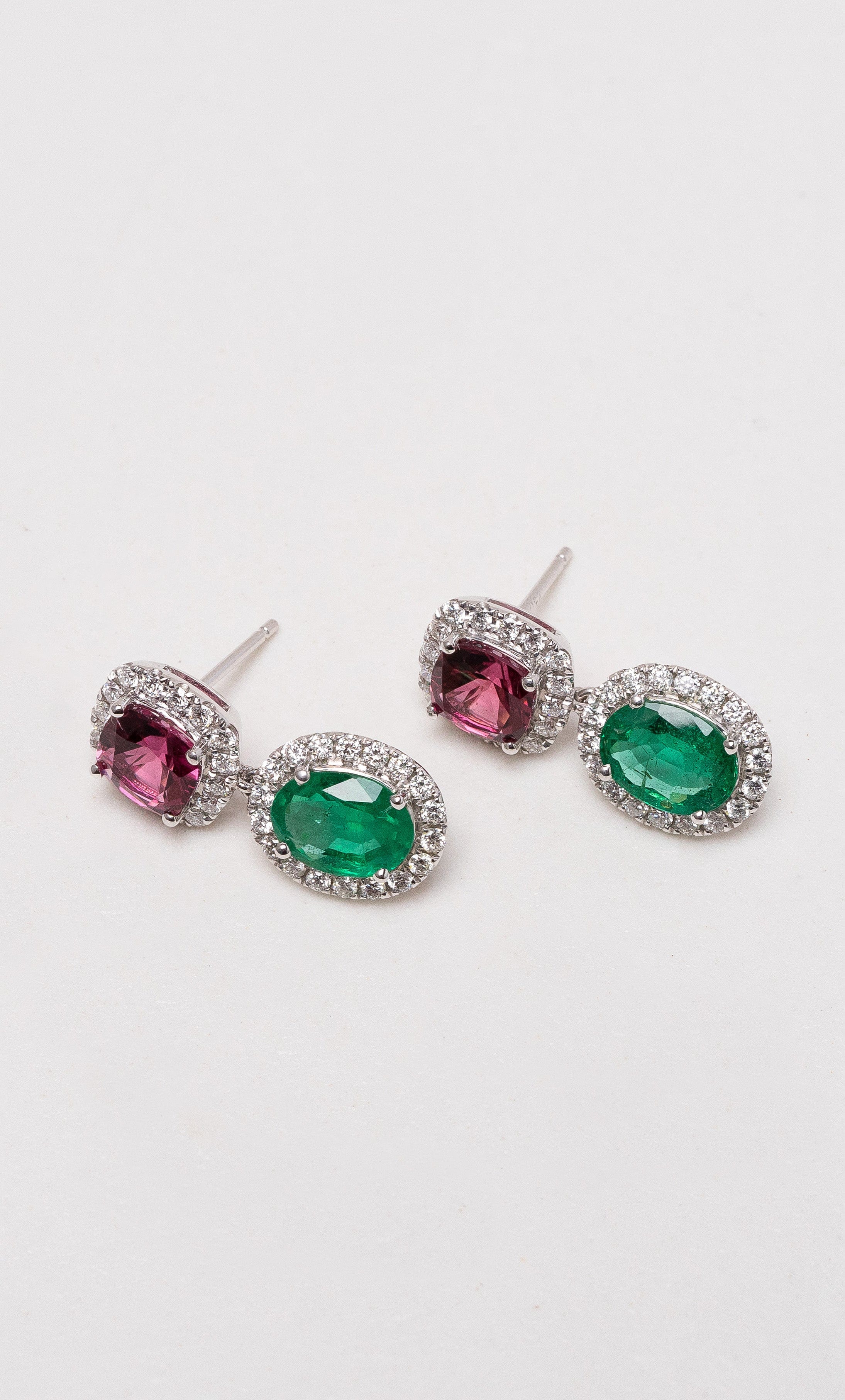 Hogans Family Jewellers 18K WG Pink Tourmaline & Emerald Drop Earrings