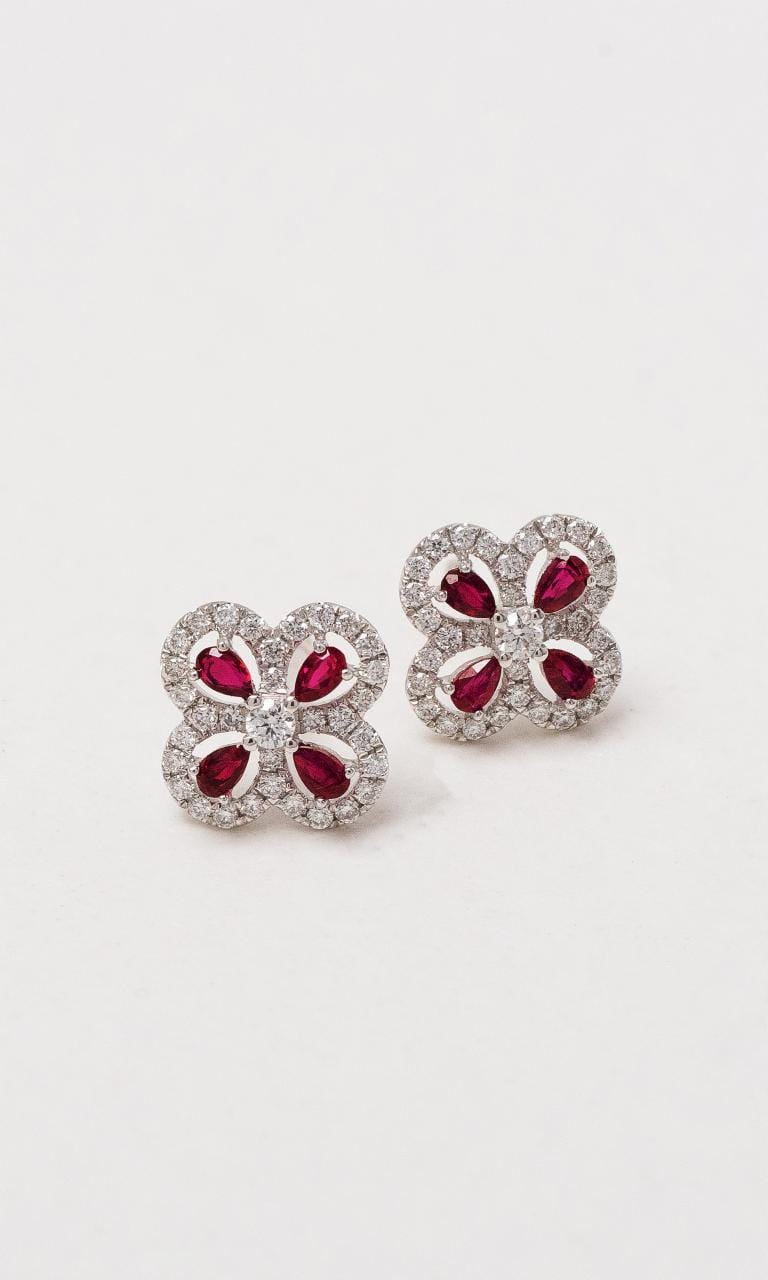 Hogans Family Jewellers 18K WG Ruby & Diamond Clover Stud Earrings