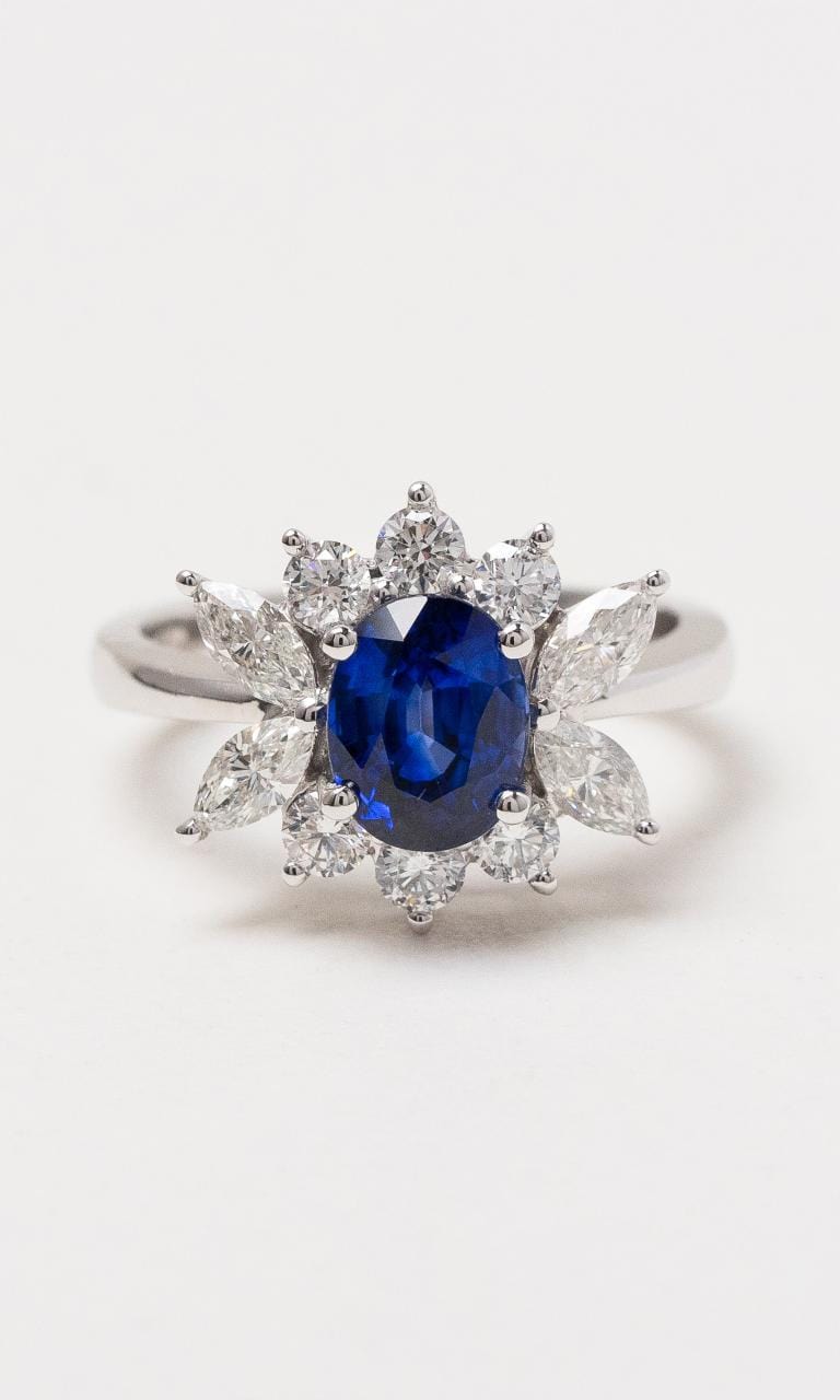 Hogans Family Jewellers 18K WG Vintage Flower Inspired Halo Style Sapphire Ring