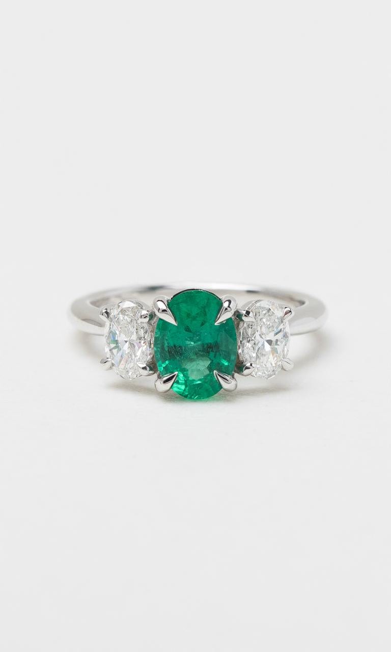 Hogans Family Jewellers 18K WG Zambian Oval Cut Emerald & Diamond Trilogy Ring
