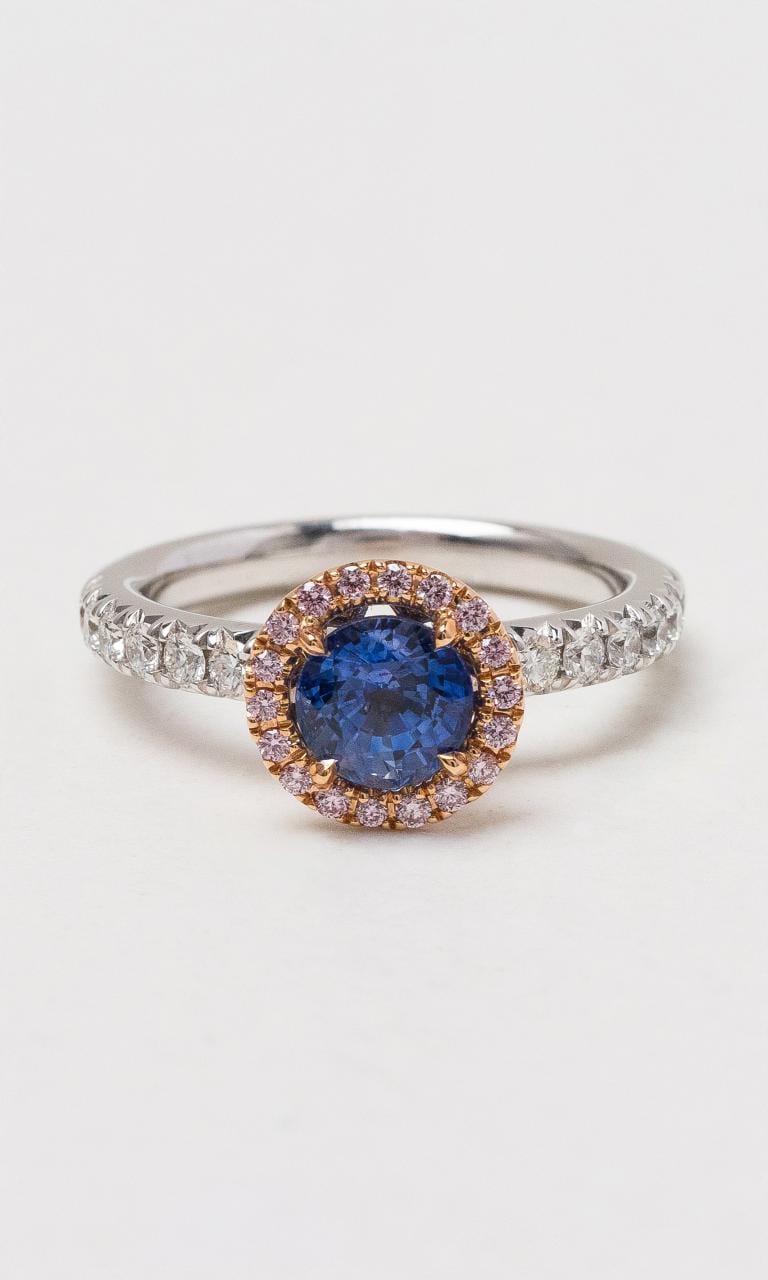 Hogans Family Jewellers 18K WRG Ceylon Sapphire & Pink Diamond Halo Ring