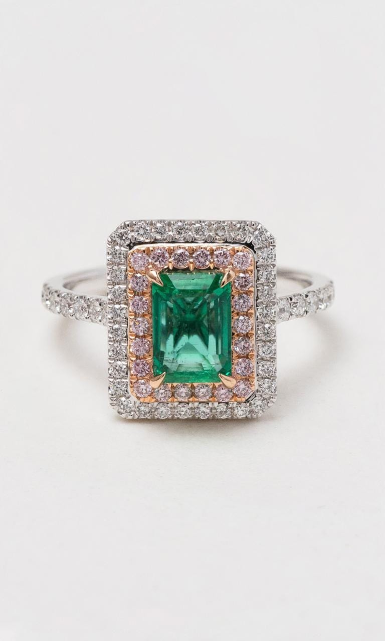 Hogans Family Jewellers 18K WRG Emerald Cut Zambian Emerald & Diamond Ring