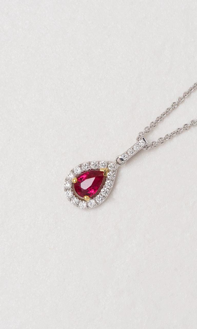 Hogans Family Jewellers 18K WYG Pear Cut Ruby Halo Style Pendant