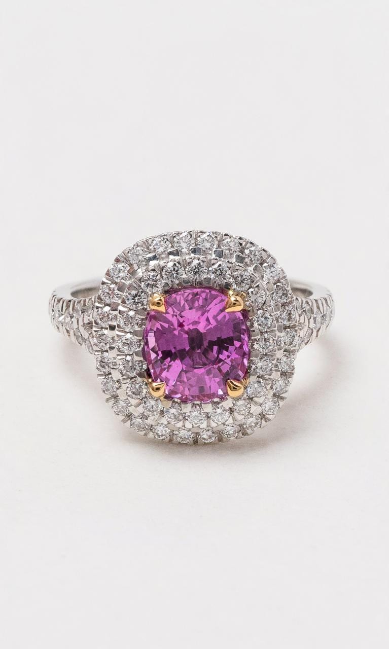 Hogans Family Jewellers 18K WYG Pink Sapphire and White Diamond Halo Ring