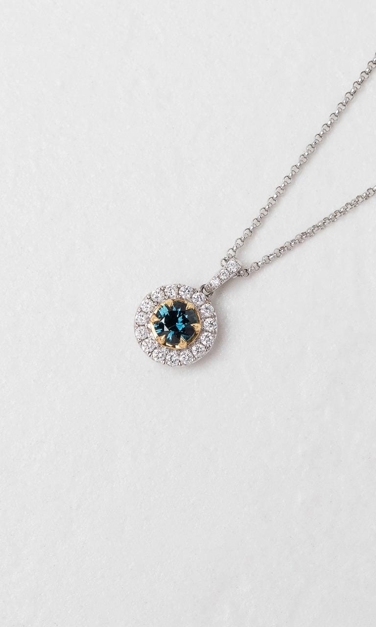 Hogans Family Jewellers 18K WYG Round Brilliant Cut Teal Sapphire Halo Necklace