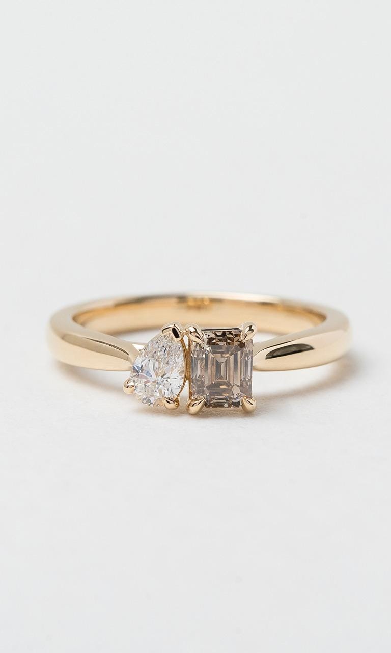 Hogans Family Jewellers 18K YG Emerald Cut Champagne Diamond Toi et Moi Ring