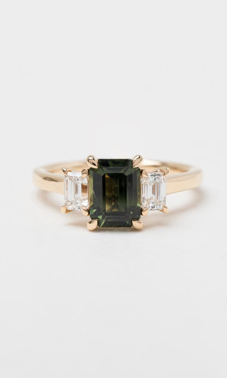 Hogans Family Jewellers 18K YG Emerald Cut Green Sapphire Trilogy Ring