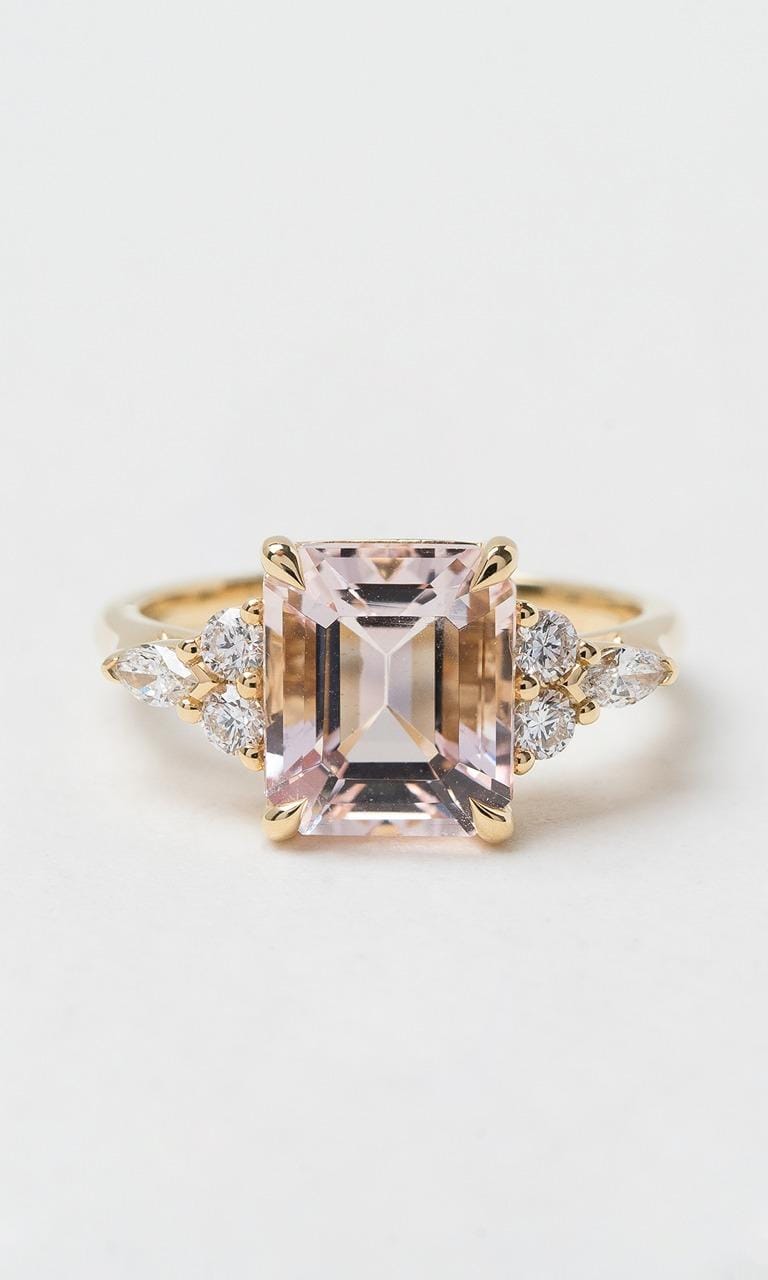 Hogans Family Jewellers 18K YG Emerald Cut Morganite Trilogy Dress Ring