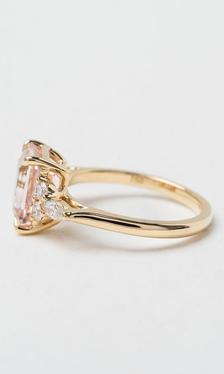 Hogans Family Jewellers 18K YG Emerald Cut Morganite Trilogy Dress Ring