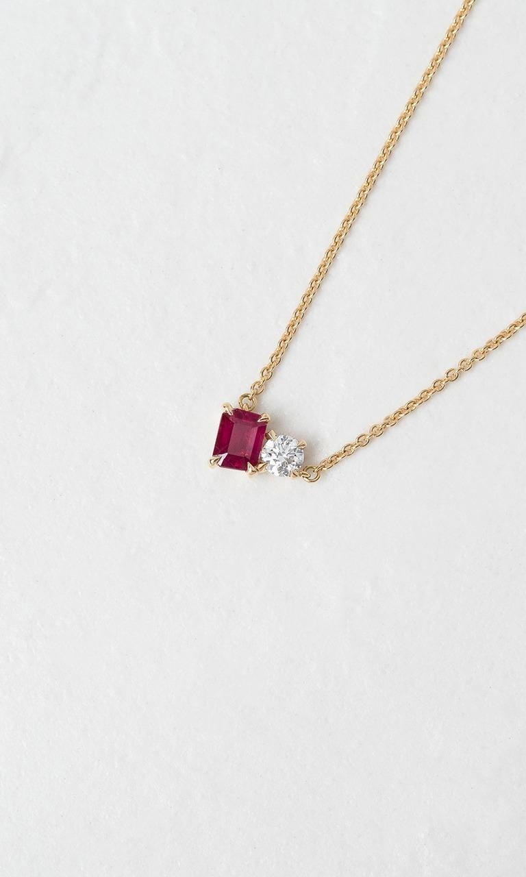 Hogans Family Jewellers 18K YG Emerald Cut Ruby Toi et Moi Necklace