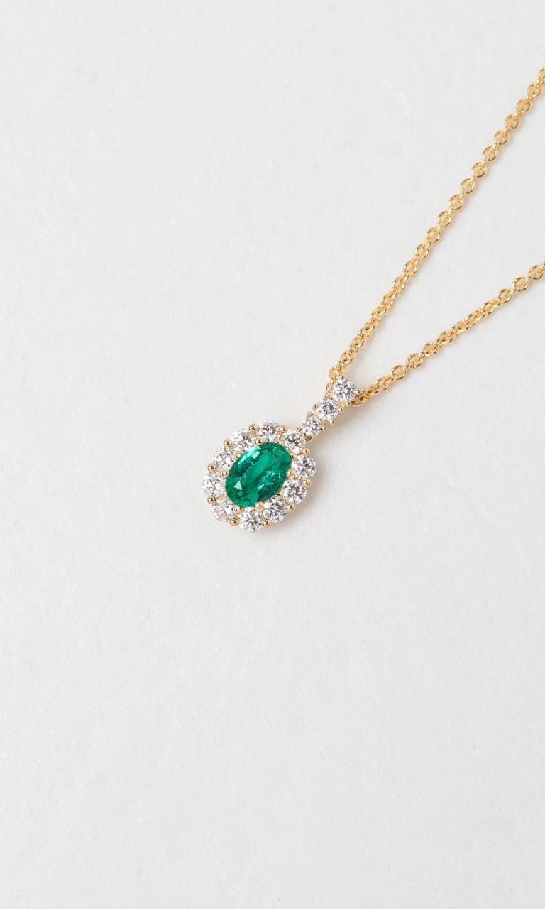 Hogans Family Jewellers 18K YG Oval Cut Emerald Halo Pendant