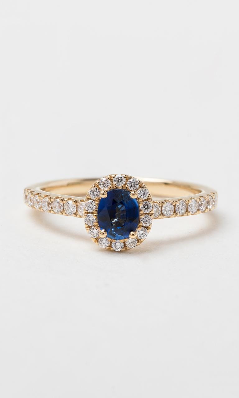 Hogans Family Jewellers 18K YG Oval Cut Sapphire Halo Ring