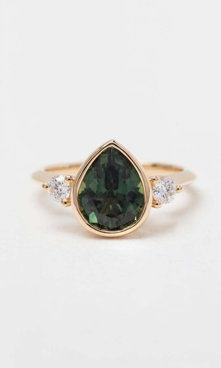 Hogans Family Jewellers 18K YG Pear Cut Parti Sapphire Trilogy Ring