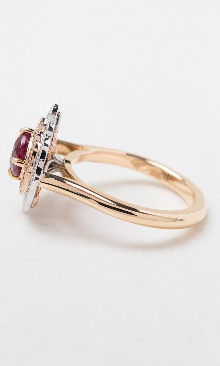 Hogans Family Jewellers 18K YRWG Cushion Cut Burmese Ruby & Australian Pink Diamond Cluster Ring