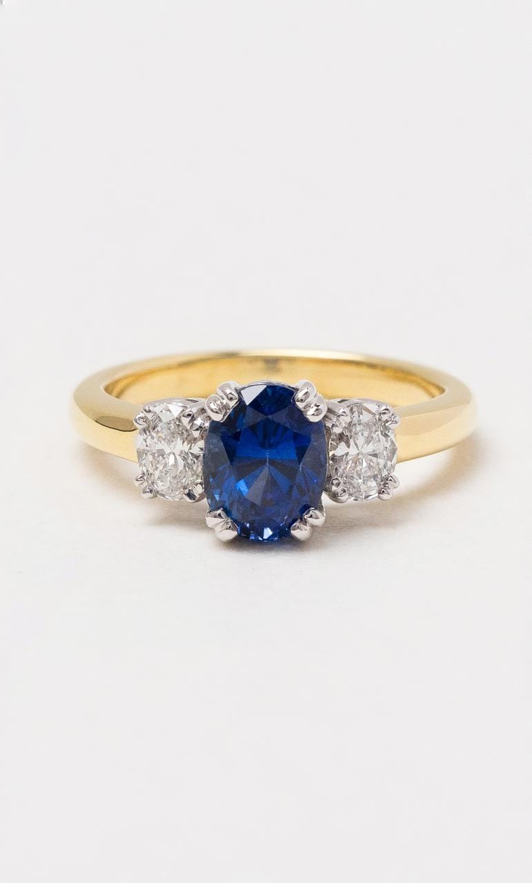 Hogans Family Jewellers 18K YWG Ceylon Sapphire & Diamond Trilogy Ring