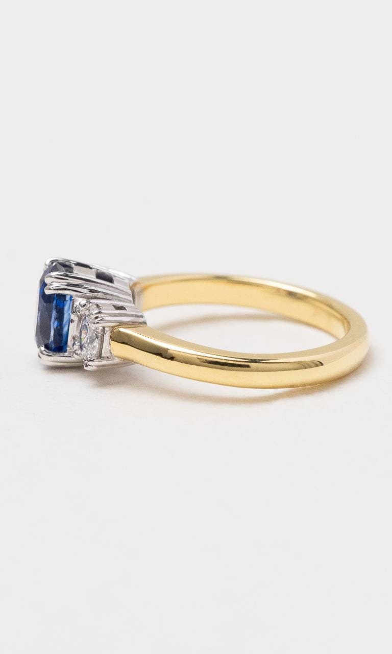Hogans Family Jewellers 18K YWG Ceylon Sapphire & Diamond Trilogy Ring