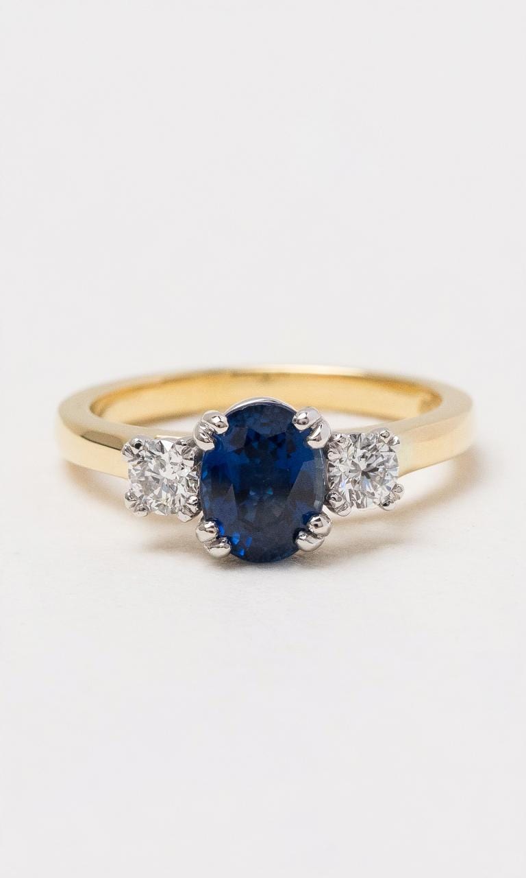 Hogans Family Jewellers 18K YWG Ceylon Sapphire Trilogy Ring