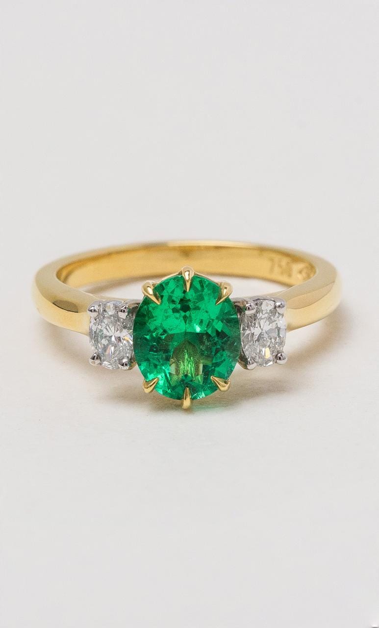 Hogans Family Jewellers 18K YWG Colombian Emerald Trilogy Ring