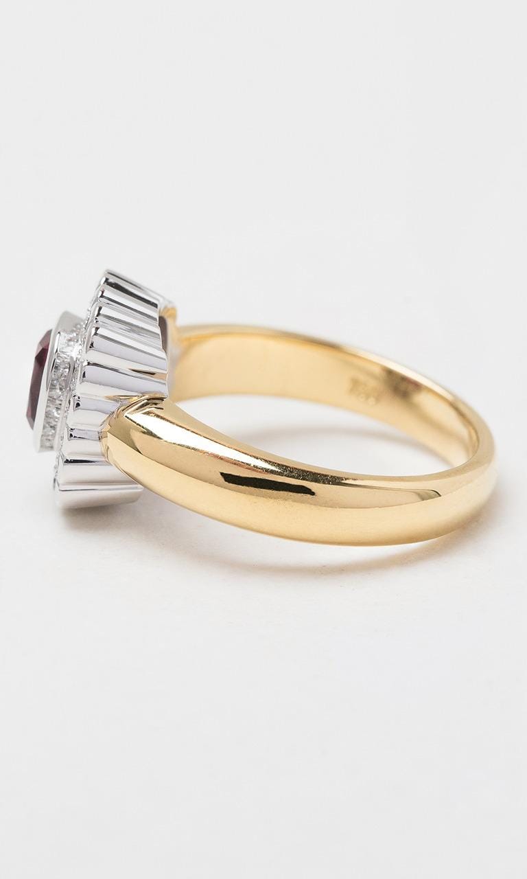 Hogans Family Jewellers 18K YWG Cushion Cut Ruby Halo Ring