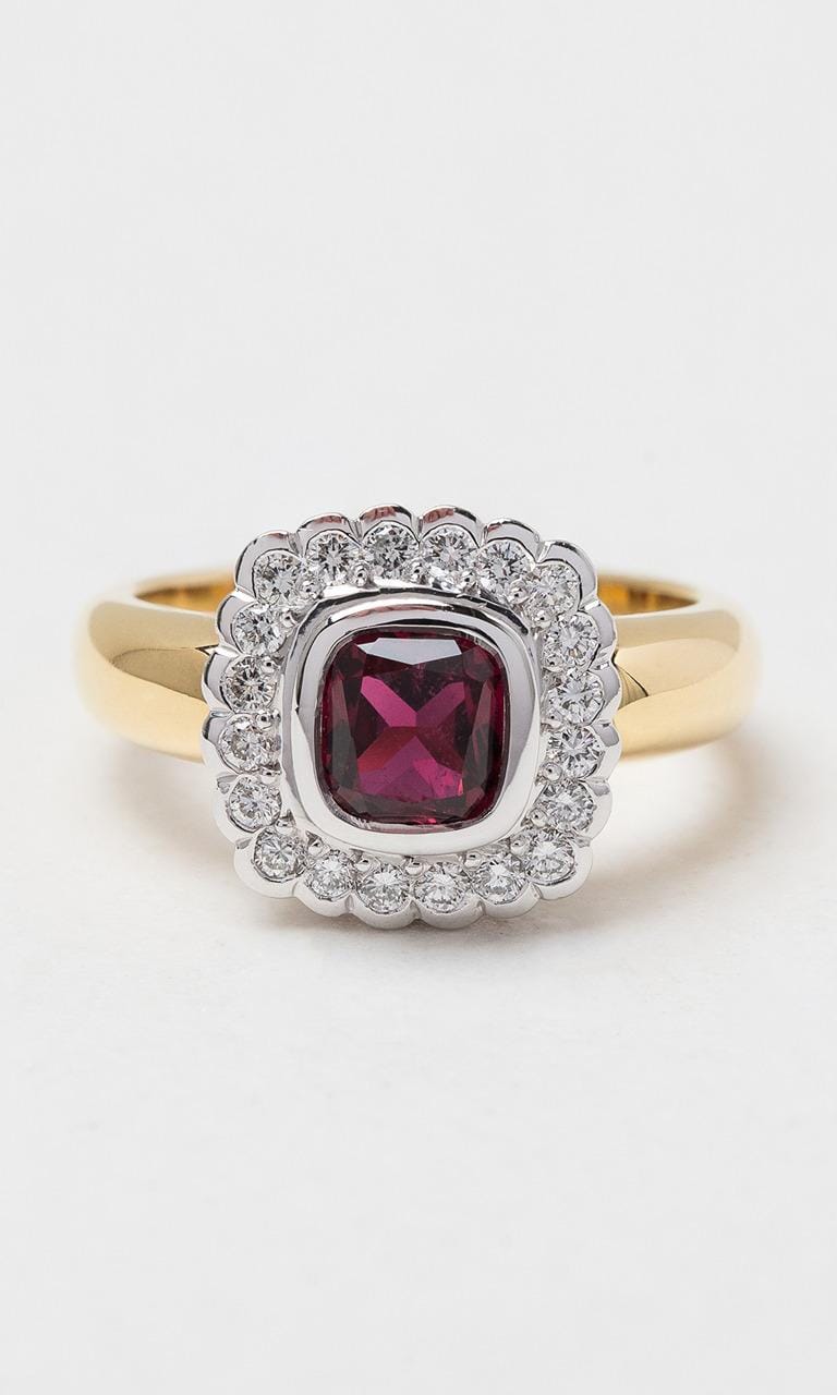 Hogans Family Jewellers 18K YWG Cushion Cut Ruby Halo Ring